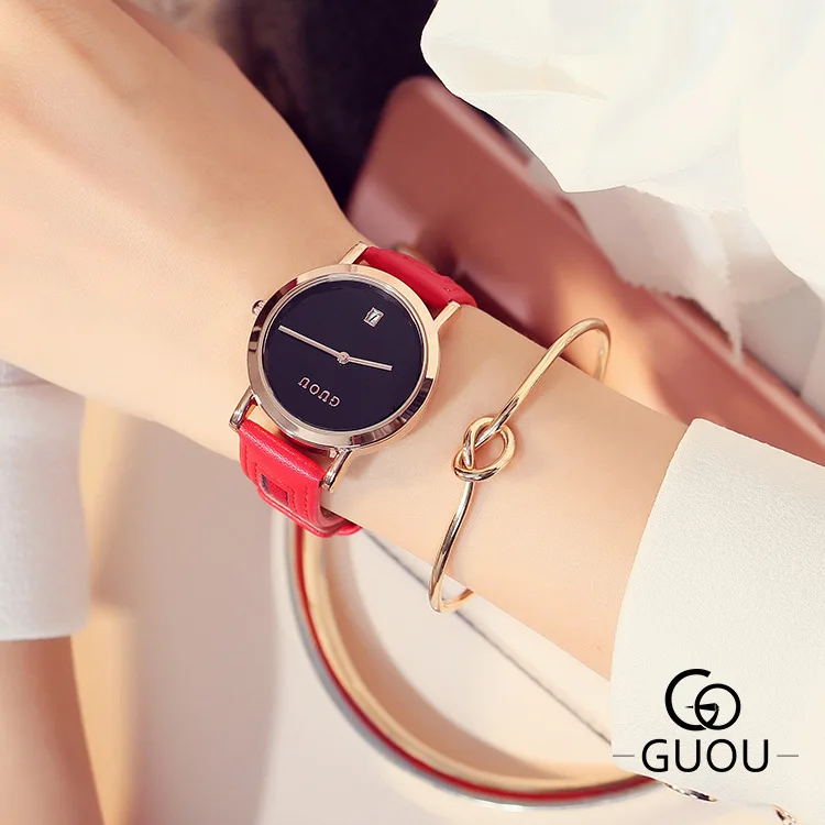 Женские Часы GUOU модные классические с кожаным календарем розовое золото |