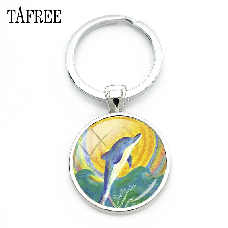 

TAFREE Trendy Beautiful Painting Dolphin Round Shape Key Chain Unique Style Keyring Popular Cabochon Personality Ornaments ZZ150