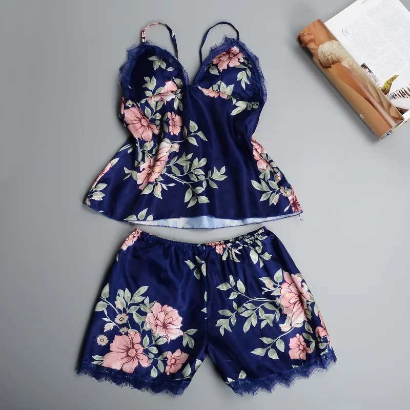 blue-duanku Пижамы ночной костюм женские летние шелковые кружевные пижамные шорты комплекты Домашняя одежда халаты халат пеньюар халат с нагрудной накладкой - Цвет: blue-duanku
