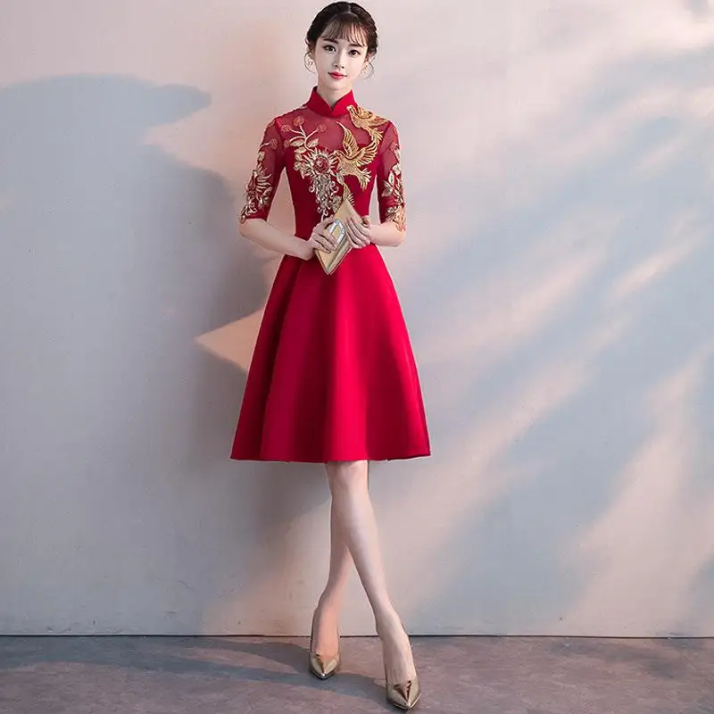 Традиционное китайское женское платье Cheongsam с вышивкой Феникс, элегантное Сетчатое платье с рукавом до локтя для свадебной вечеринки, винтажное платье Cheongsam - Цвет: Style 14