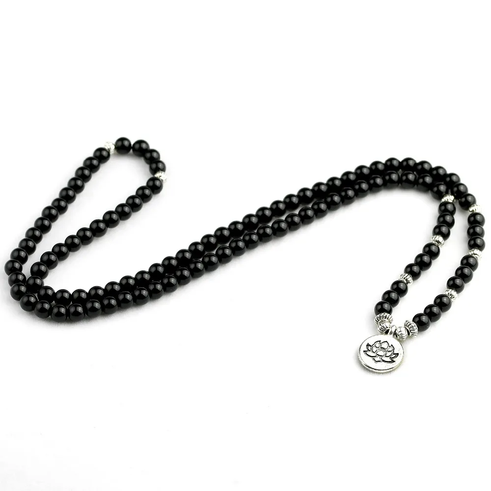 New Design Lotus Charm Pendant Elastic 108 Pcs Mala Bright Black Onyx Stone Bead Bracelet Men Women Jewelry | Украшения и
