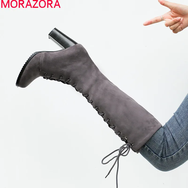 

Женские сапоги на шнуровке MORAZORA, черные сапоги до колена из флока, на высоком каблуке, с круглым носком, на молнии, Осень-зима 2021