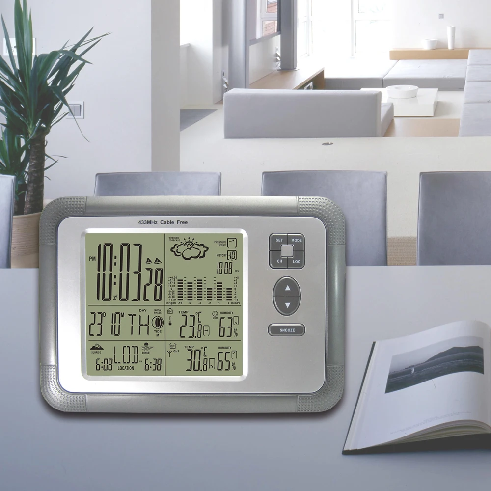 Бесплатная доставка DYKIE цифровая беспроводная метеостанция с будильником Двойной будильник Внутренний наружный термометр Гигрометр Барометр On.