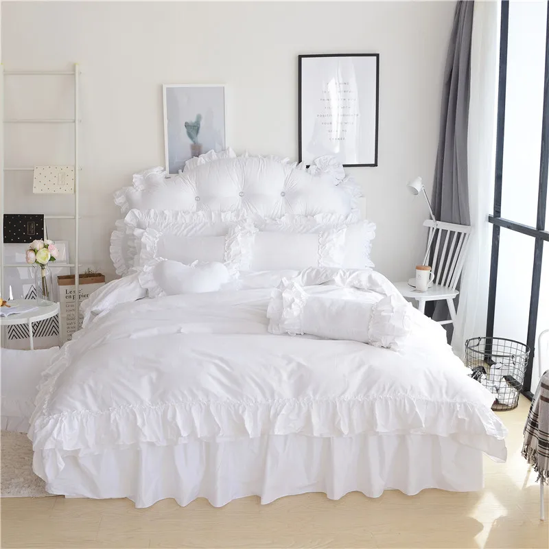 

4PCS Whole cotton Bedding set King queen Twin size Bed set Princess Korean Girls White Bed skirt set Pillowcase