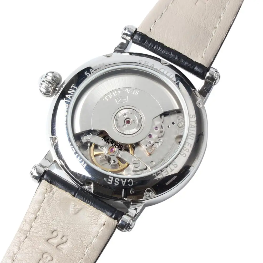 Seagull Moon Phase Авто Дата часы из натуральной кожи выставочный желтый циферблат