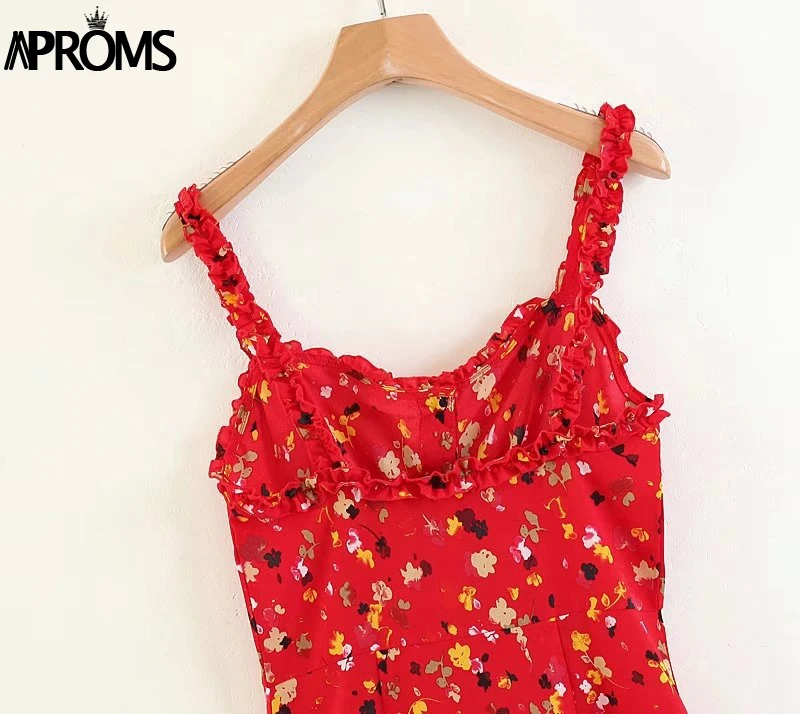Aproms/короткое шифоновое платье с красными оборками и цветочным принтом; женские летние туфли с ремешками; облегающее платье; 90 s; кнопки для девочек; мини-платья Vestidos