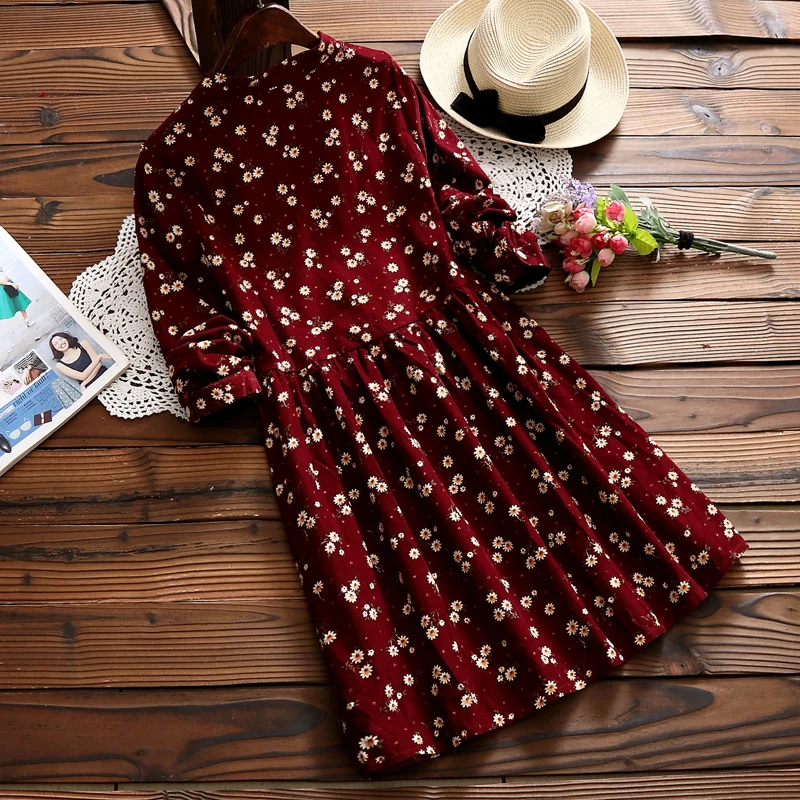Blue Red Small Flower Japanese Mori Girl Dress 2018 New Spring Autumn Women Long Sleeve Floral Print Corduroy Dresses S-XXL | Женская