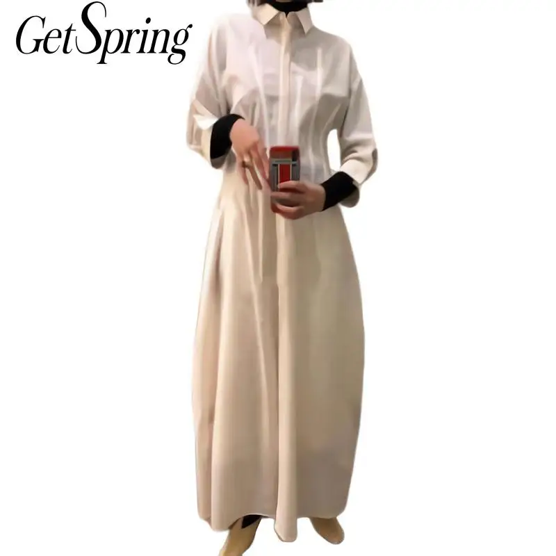 Getвесеннее женское платье с длинным рукавом однобортное белое рубашка платья