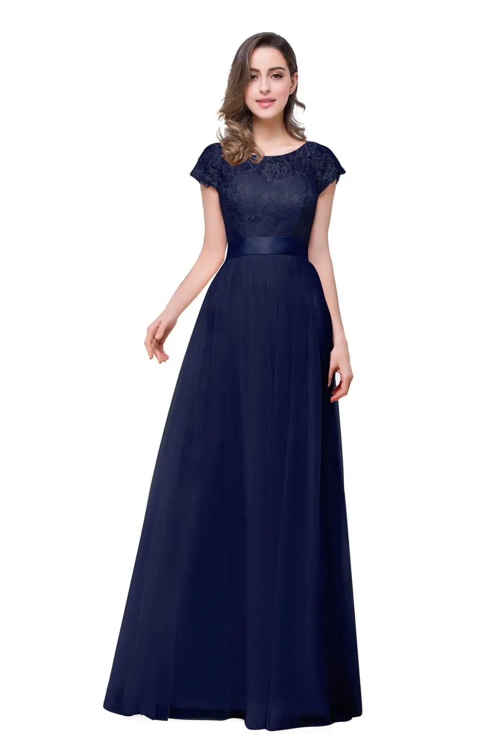 Graceful Lace Bow Chiffon Long Evening Dress In Stock Sexy Backless A-Line Evening Gowns Vestido de Festa - Цвет: Тёмно-синий