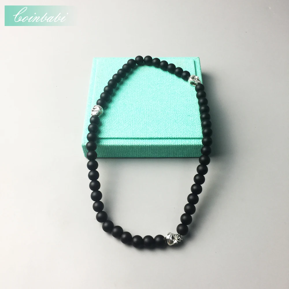 Rebel Skull Chain ribbon necklace Matt-black obsidian beads and skulls Europe Style 2017 Heart Wholesale | Украшения и аксессуары