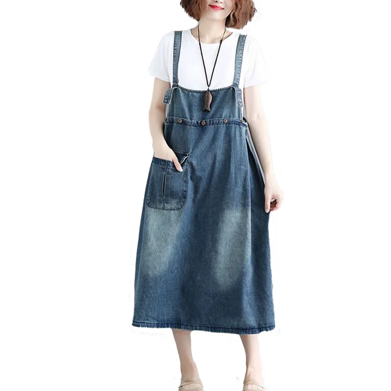 

Plus size 2019 summer new Women denim strap Dresses female loose thin blue Medium denim A-Line suspender sleeveless Dresses