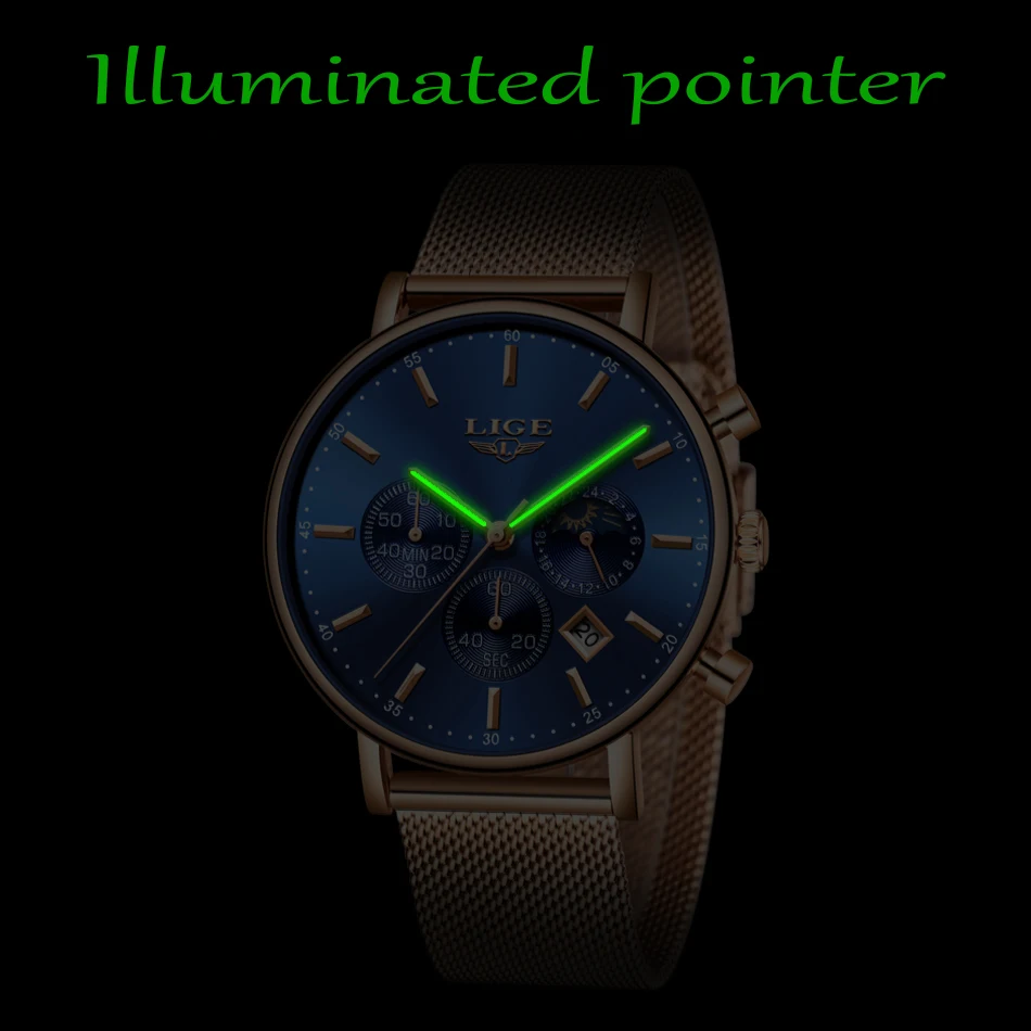 Часы наручные LIGE Мужские кварцевые модные брендовые Роскошные повседневные