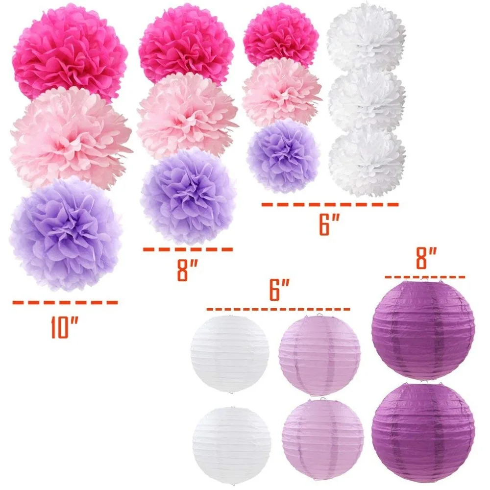 Фиолетовые Висячие DIY бумажные цветы Pom Poms и фонарики набор из 18 шт для детского