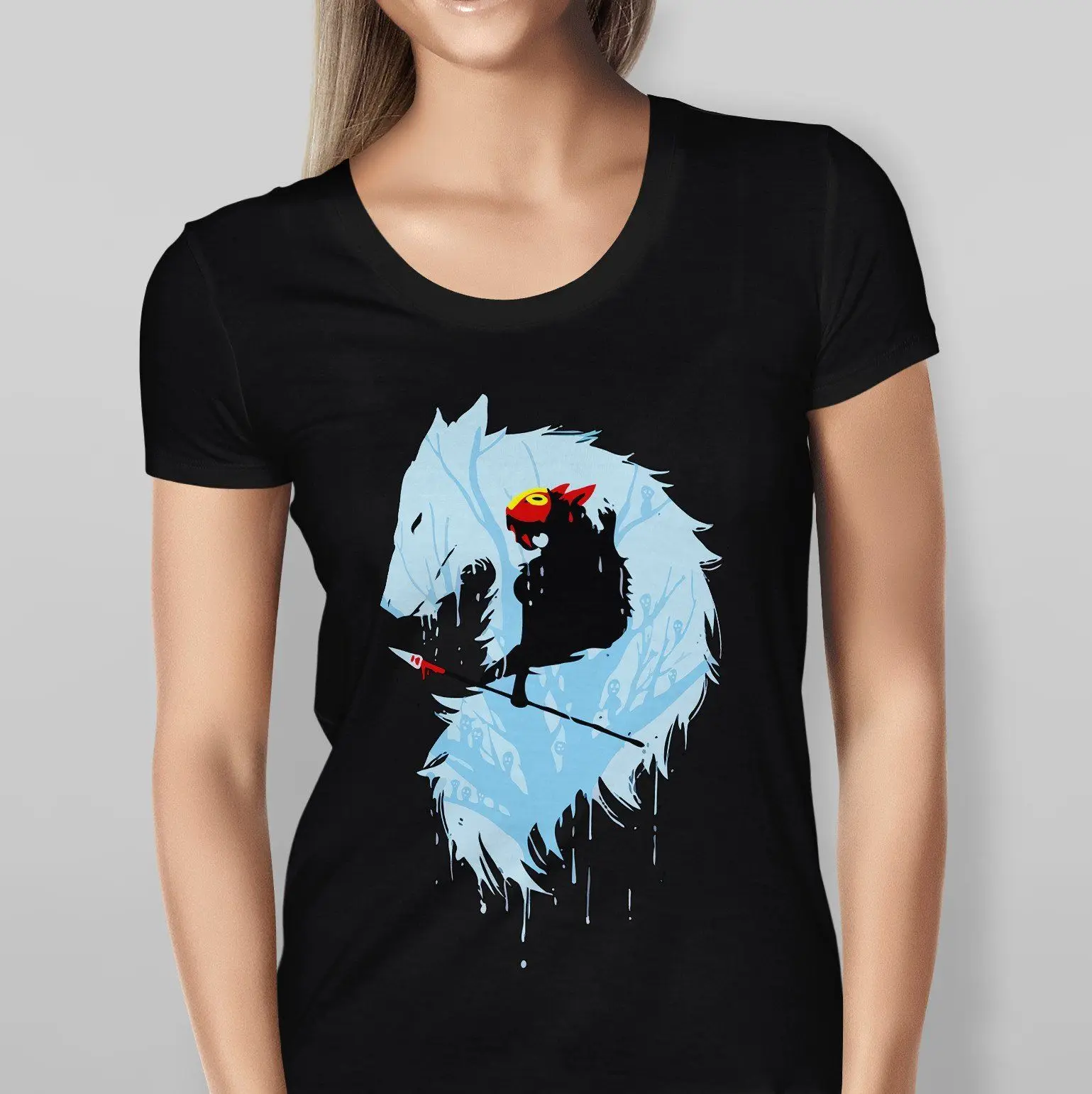 Женская футболка принцессы Mononoke Wolf черная для студии Ghibli Hayao Miyazaki Geek крутая