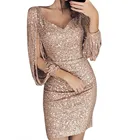 Женское вечернее платье с блестками, облегающее серебристое платье с блестками и длинным рукавом, золотистое блестящее вечернее платье