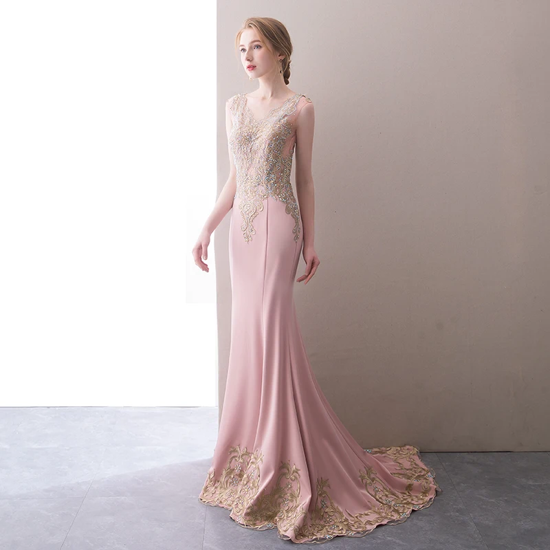 Женское вечернее платье-русалка длинное розовое платье с глубоким вырезом