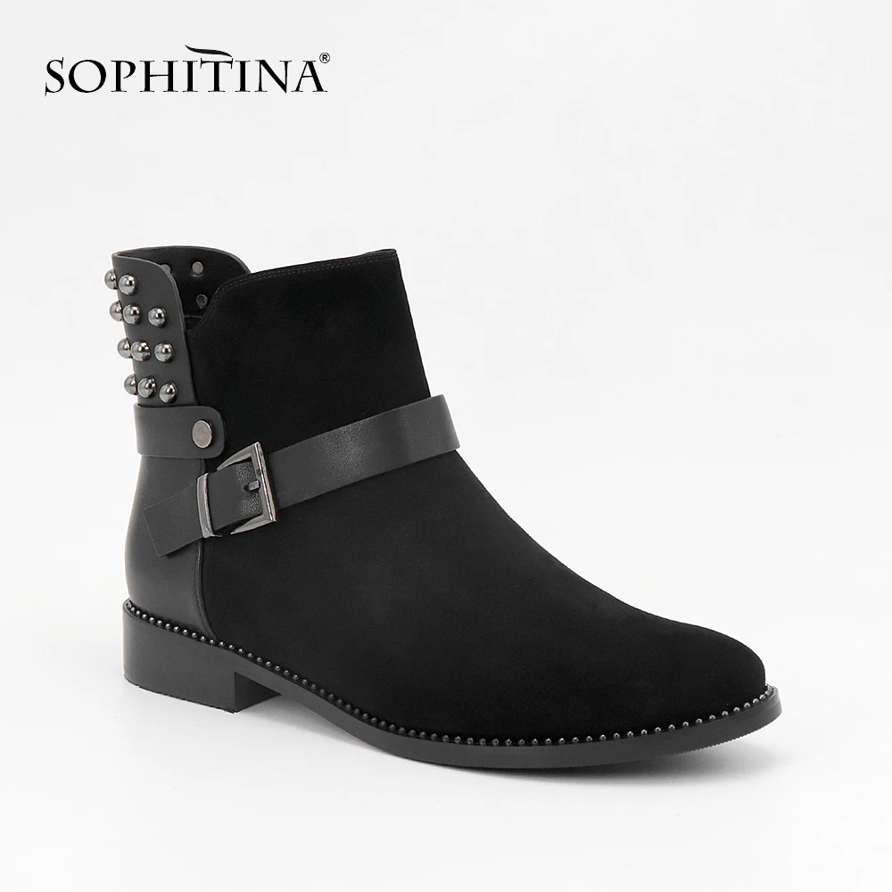 SOPHITINA/Новинка года; модные ботинки из замши и овчины с круглым носком; удобные ботинки в стиле панк с заклепками на квадратном каблуке с пряжкой и ремешком; ML23