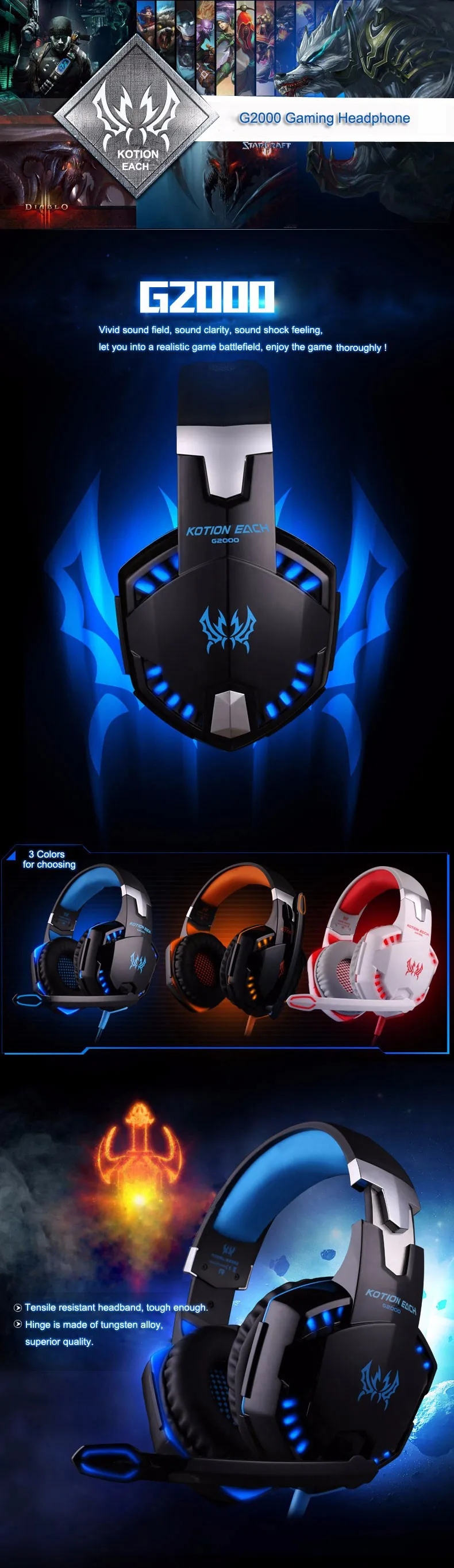 Лучший для PC Gamer каждый G2000 шумоподавление светодиодный PC игровая гарнитура светящиеся наушники шлем Аудио с микрофоном стерео бас