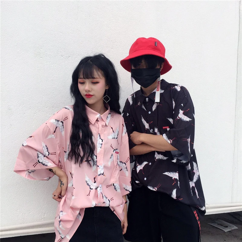 Женская летняя Новинка Harajuku BF ветер ретро рисунок с птицами свободный отворот