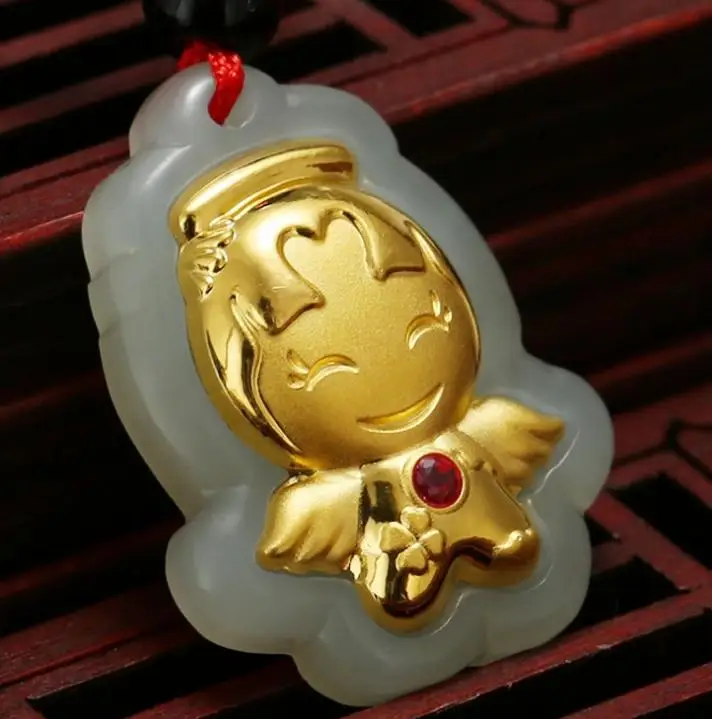 Кулон из нефрита кулон натурального белого инкрустированный нефритовым ангелом