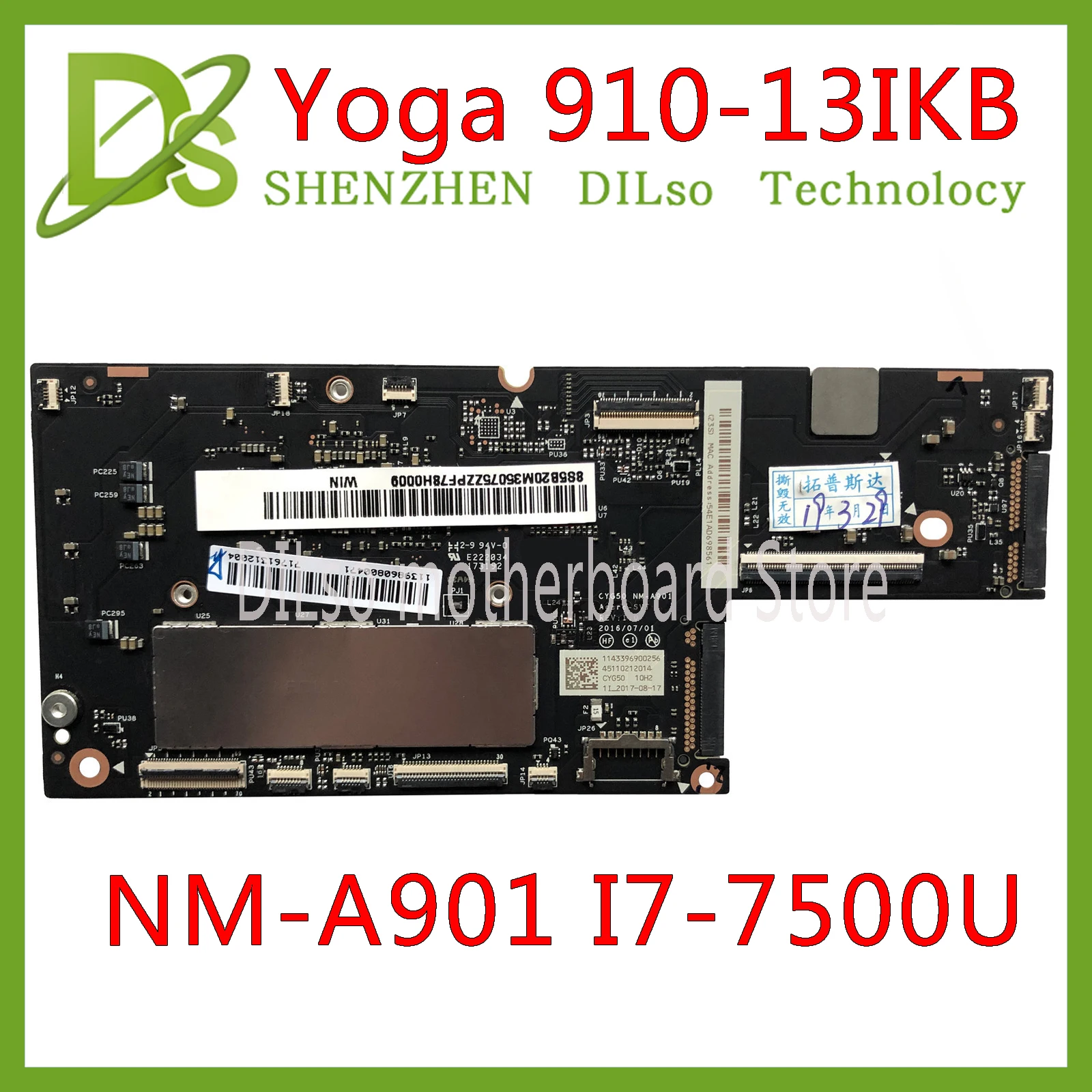 

KEFU CYG50 NM-A901 Motherboard For Lenovo YOGA 910-13IKB YOGA 910 Laptop Motherboard I7-7500U CPU 8GB RAM original tested