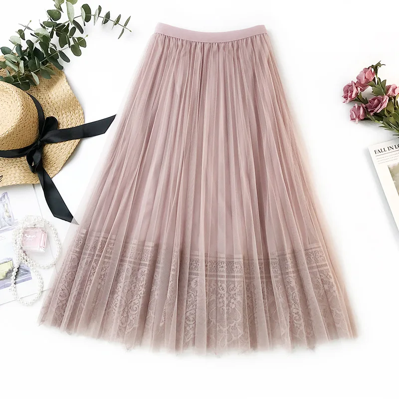 Street Wear Midi Pleated Skirt Women Gothic High Waist Tulle Long Dames 2019 Female A-Line Lace Mid-Calf | Женская одежда