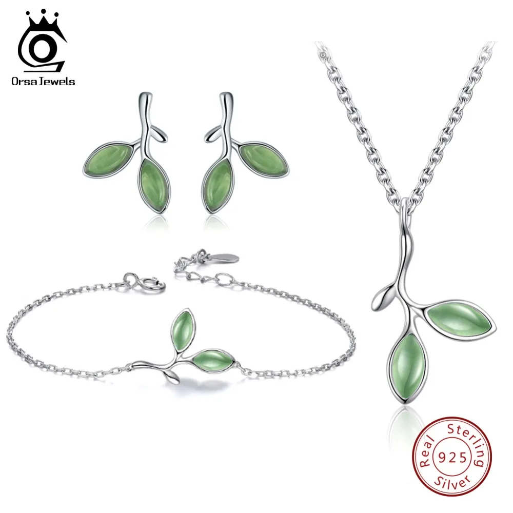 ORSA JEWELS, 925 пробы, серебряные женские ювелирные наборы, узор в виде листьев, дизайн, кошачий глаз, камень, вечерние, браслет, серьги, ожерелье, SS21-7
