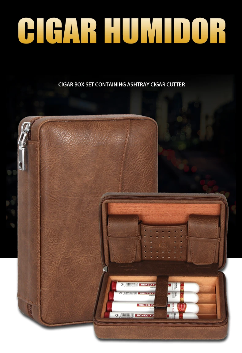 GALINER Leather Cigar Humidor Travel Cedar Wood Cigar Case 4 Tube Holder Sigaar Box For COHIBA Cuba Cigars Outdoor Humidor Box