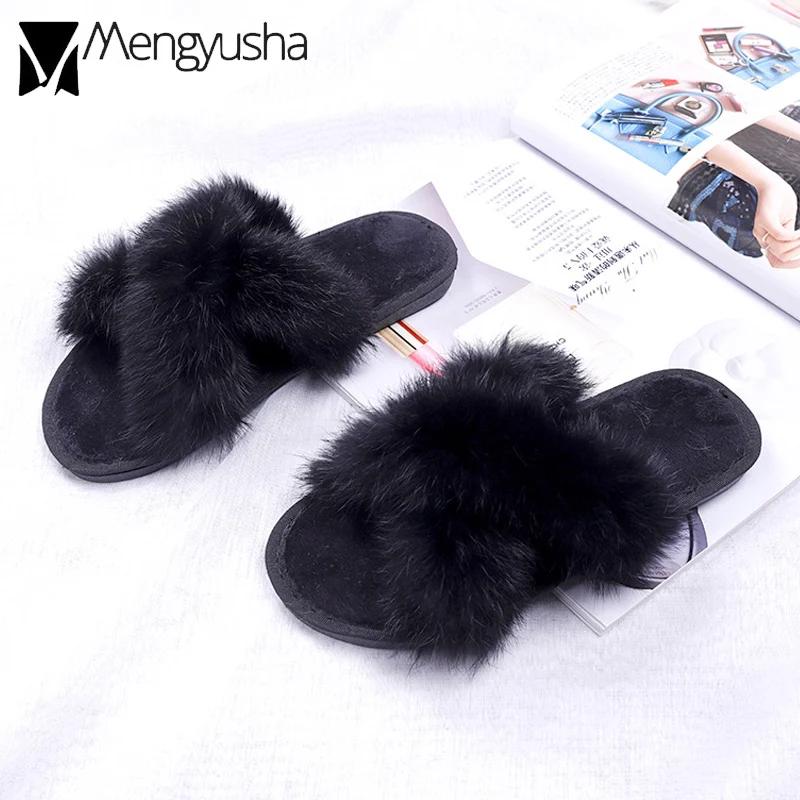 Тапочки с кроличьим мехом Изысканные сандалии ручной работы на меху женские