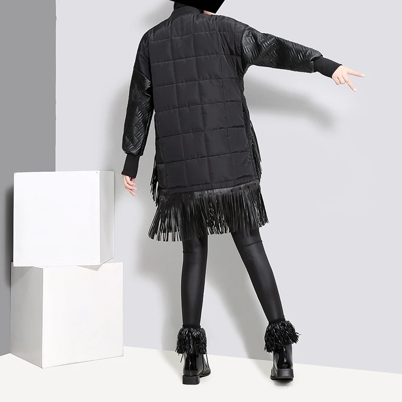 2018 зимние Для женщин Oversize длинные черные парка куртка PU бахромой Стенд воротник с