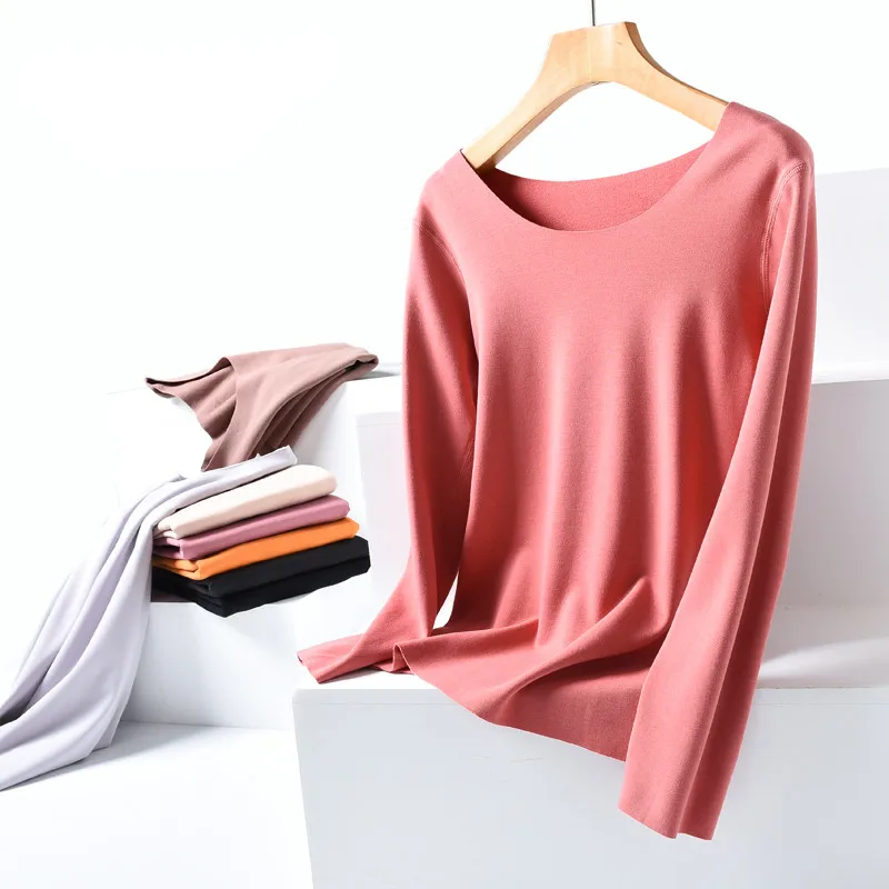 Женская теплая футболка с круглым вырезом однотонная Однотонная из плотного