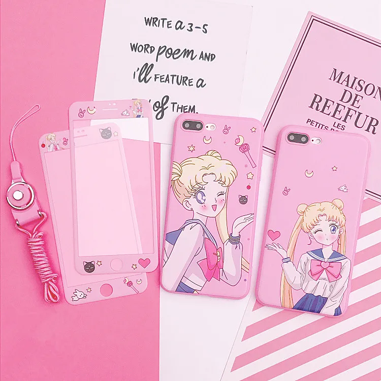For iphone X Cardcaptor Sakura Case+Tempered Glass Screen Protector Film for iPhone 6 6s Plus 7 7plus 8 8plus Sailor Moon cover |