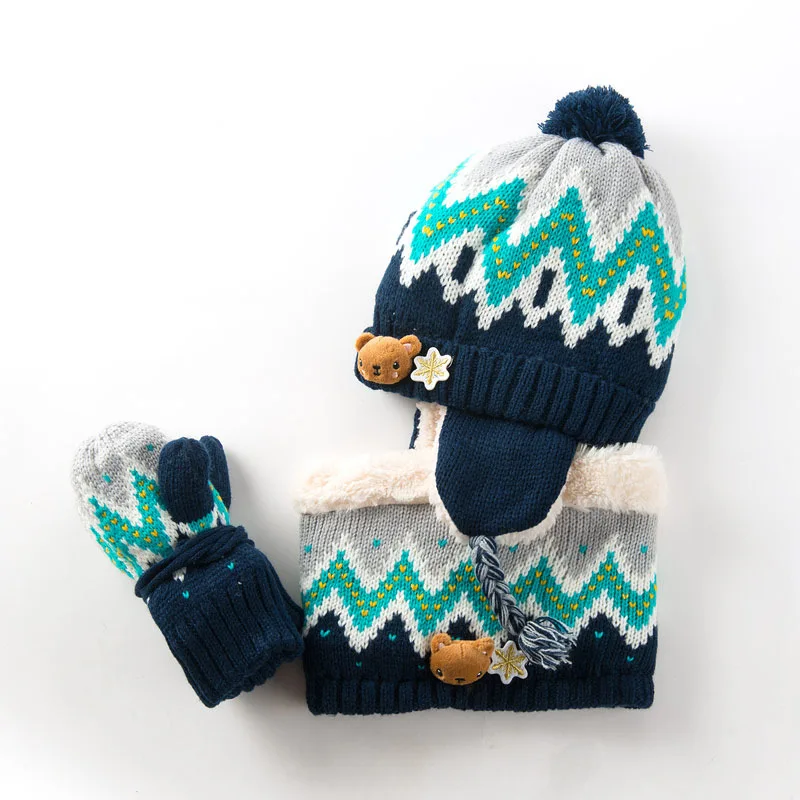 Gloves Hat And Scarf Детская зимняя шапка, детская шапка, шарф и перчатки, 3 шт./лот, шапка для маленьких девочек, зимние двухслойные вязаные теплые шапки для детей, шапки со снежинками для мальчиков - Цвет: Gloves Hat And Scarf