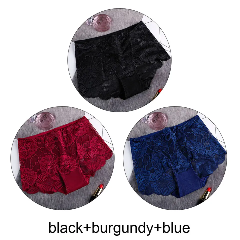 black burgundy blue 3 шт., женские трусы, партия, сексуальные кружевные трусы с высокой талией, прозрачное дышащее нижнее белье, бесшовное белье, Cullote Femme L-XXL - Цвет: black burgundy blue