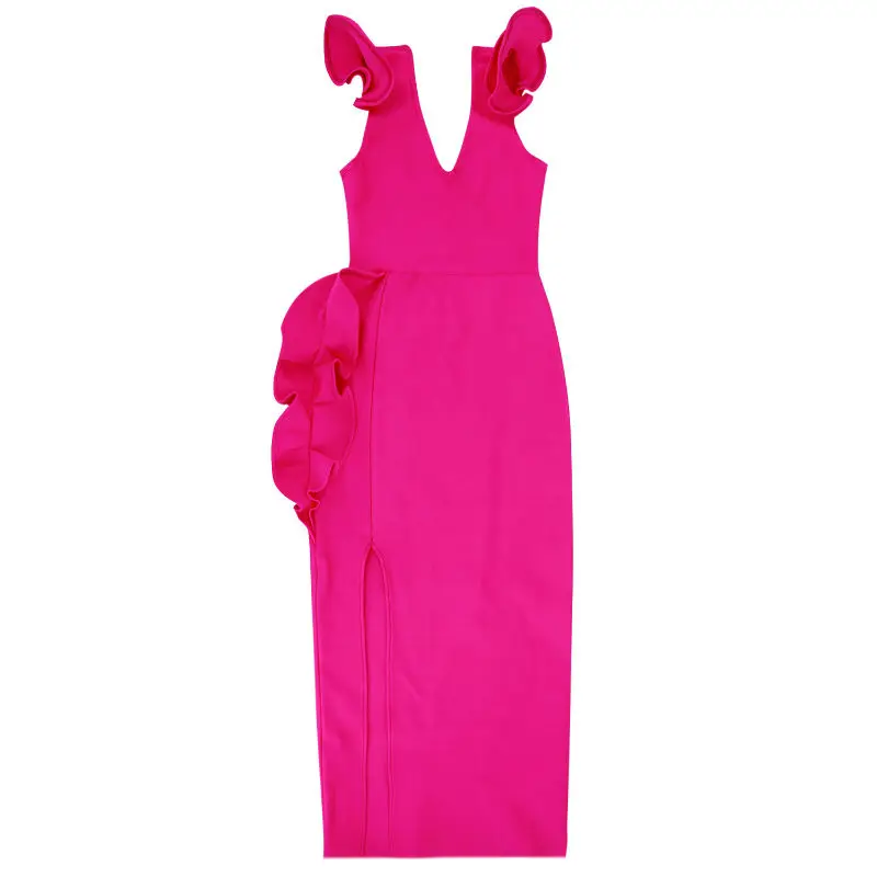 

2018 Newest Women Bandage Dress Purple-Red Celebrity Wedding Evening Club Party Dresses Vestido Ruffles Summer Bodycon Dresses