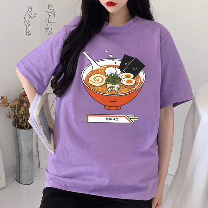 Японский стиль лето женская брендовая одежда комический мультфильм Kawaii Ramen печатная Футболка Высокая уличная мода Повседневная футболка Топы - Цвет: purple