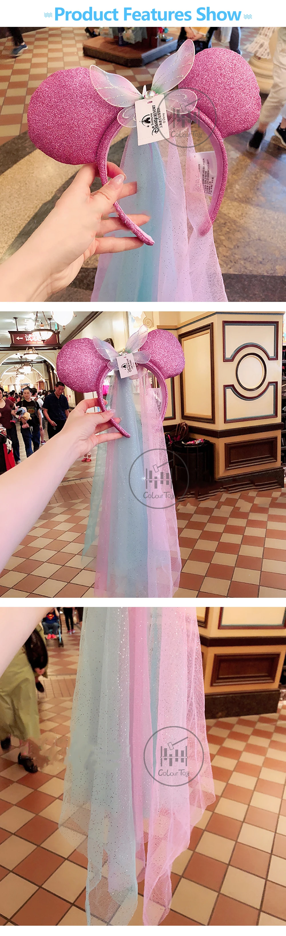 Disney Минни Мышь свадебный головной убор повязка на голову, платье принцессы с рисунком в виде Головы Микки Мауса, в ухо платье с фатиновой юбкой и блестками для девочек резинки для волос головной обруч вид игры, игрушки для детей, подарок