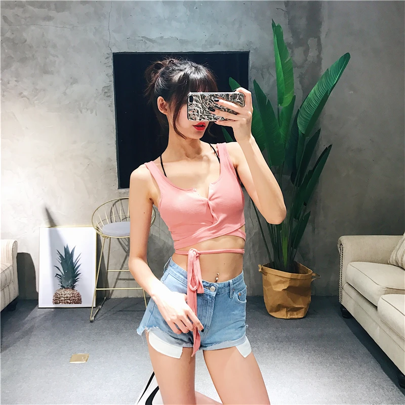 Женский укороченный топ на пуговицах спереди с завязками|crop tank|ribbed tankbutton tank |