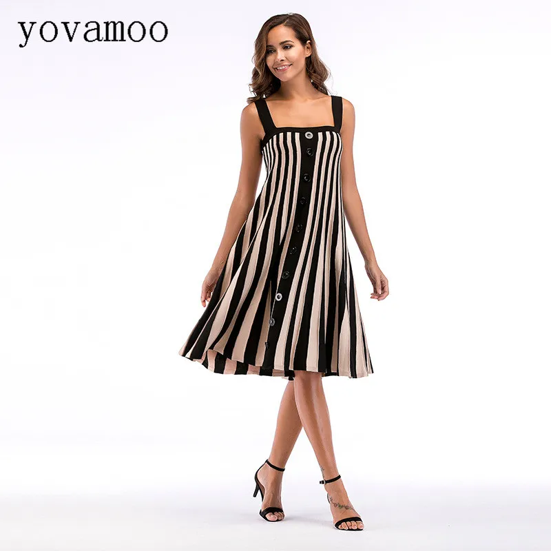 

Yovamoo Summer Vintage Plus Size Vertical Striped Front Button Knitted Dress Spaghetti Strap Midi Dresses Women Clothes 2018