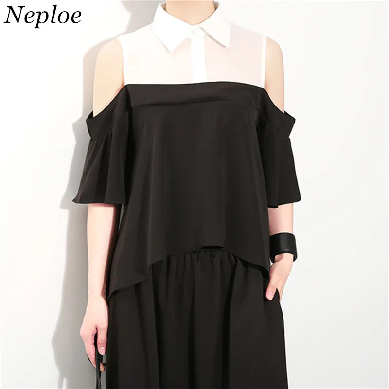 Neploe 2019 Новая летняя черная белая женская блузка пэчворк с коротким рукавом