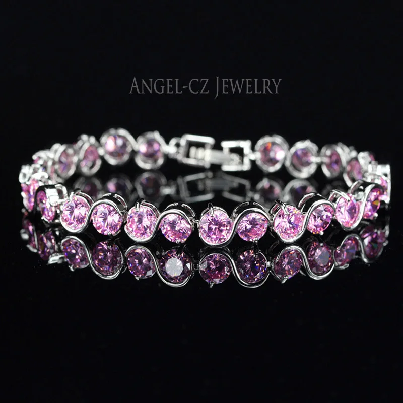 Pink ANGELCZ 925 пробы серебряные женские ювелирные изделия классический круглый зеленый создан Изумрудный кубический циркон браслет-цепочка с камнем для женщин AB002 - Окраска металла: Pink