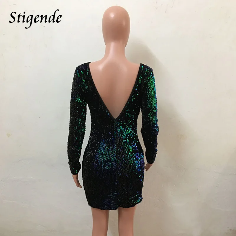 Stigende Women Long Sleeve Sexy Sequin Party Dress Back V Neck Glitter Paillette Green Mini Shining Christmas | Женская одежда
