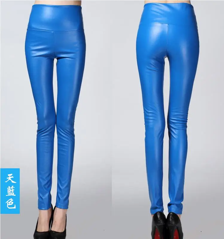 light blue Зима весна женские кожаные леггинсы с высокой талией, Стрейчевые женские эластичные обтягивающие узкие брюки-карандаш - Цвет: light blue