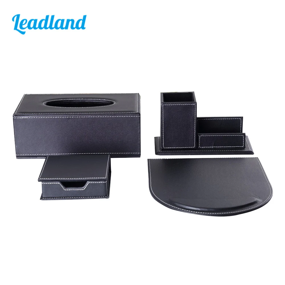 Modern Office Desk Stationery Organizer Set PU Leather Napkin Box Pen Holder Mouse Pad Square Memo Paper Box