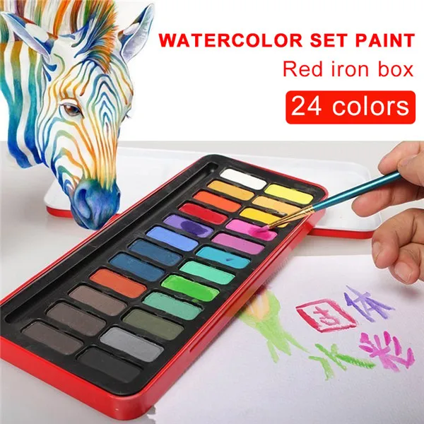 24 Colors 24 цвета, набор акварельных красок, портативный дорожный твердый пигмент с акварельным цветом, кисть, ручка, коробка, художественные канцелярские принадлежности - Цвет: 24 Colors