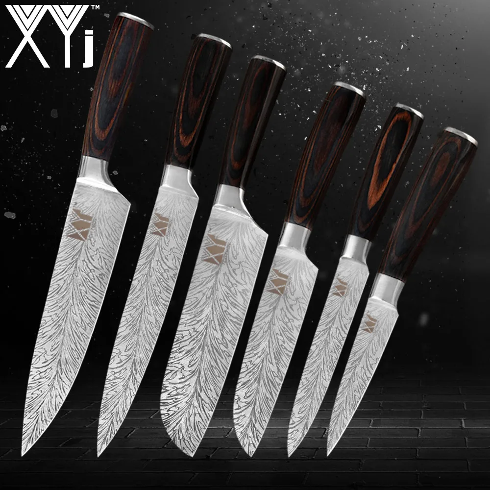 

XYj 7Cr17 кухонные ножи из нержавеющей стали с перьями, острые лезвия Pakka, поварской нож с деревянной ручкой, набор ножей из имитации Дамасского ...