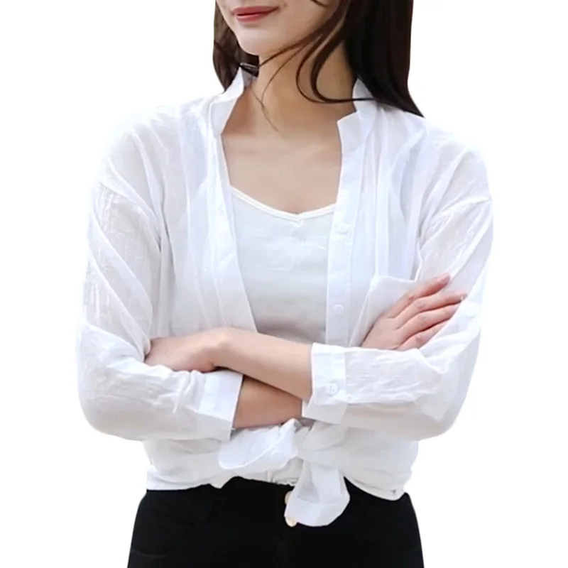 Женская рубашка из хлопка и льна Anself Повседневная белая на пуговицах с v-образным