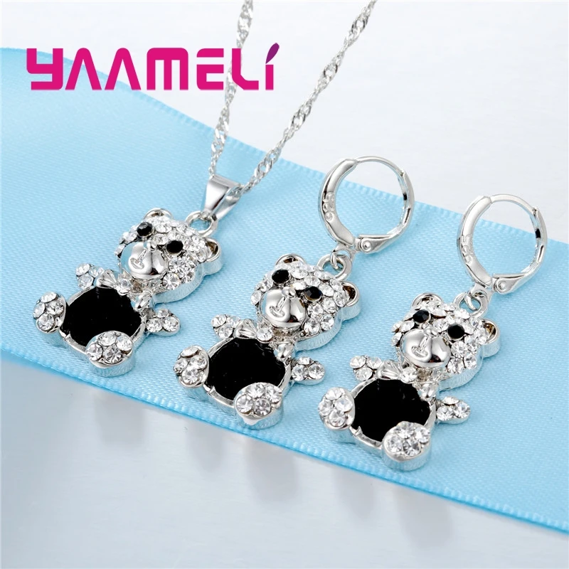 Lovely Bear Pendant Necklace Earrings for Women Female 925 Sterling Silver Austrian Crystal Bridal Jewelry Sets | Украшения и