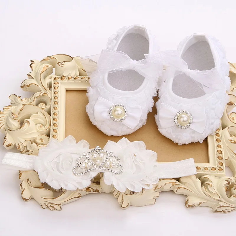 Kids Girls sapato bebe Rhinestone Flower baptism baby Shoe Headband Set Ballerina Shoes Baby Shower Slippers Boutique 3 set/lot |