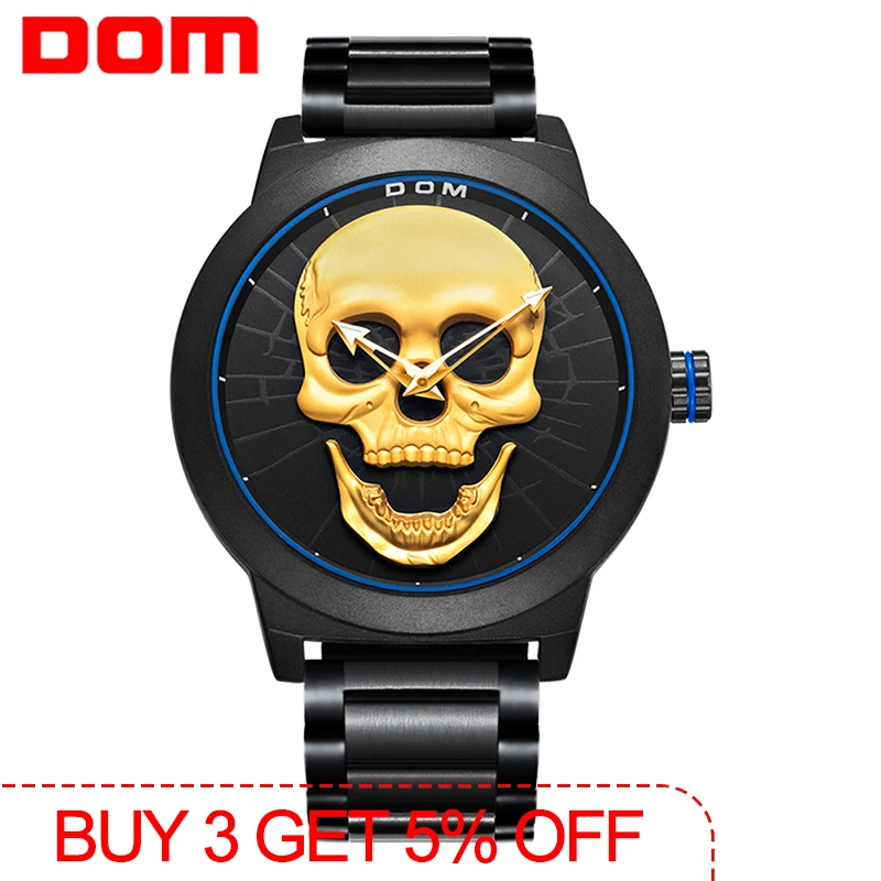 Мужские часы DOM Cool Bone люксовый бренд M-1231 креативные черные мужские с черепом